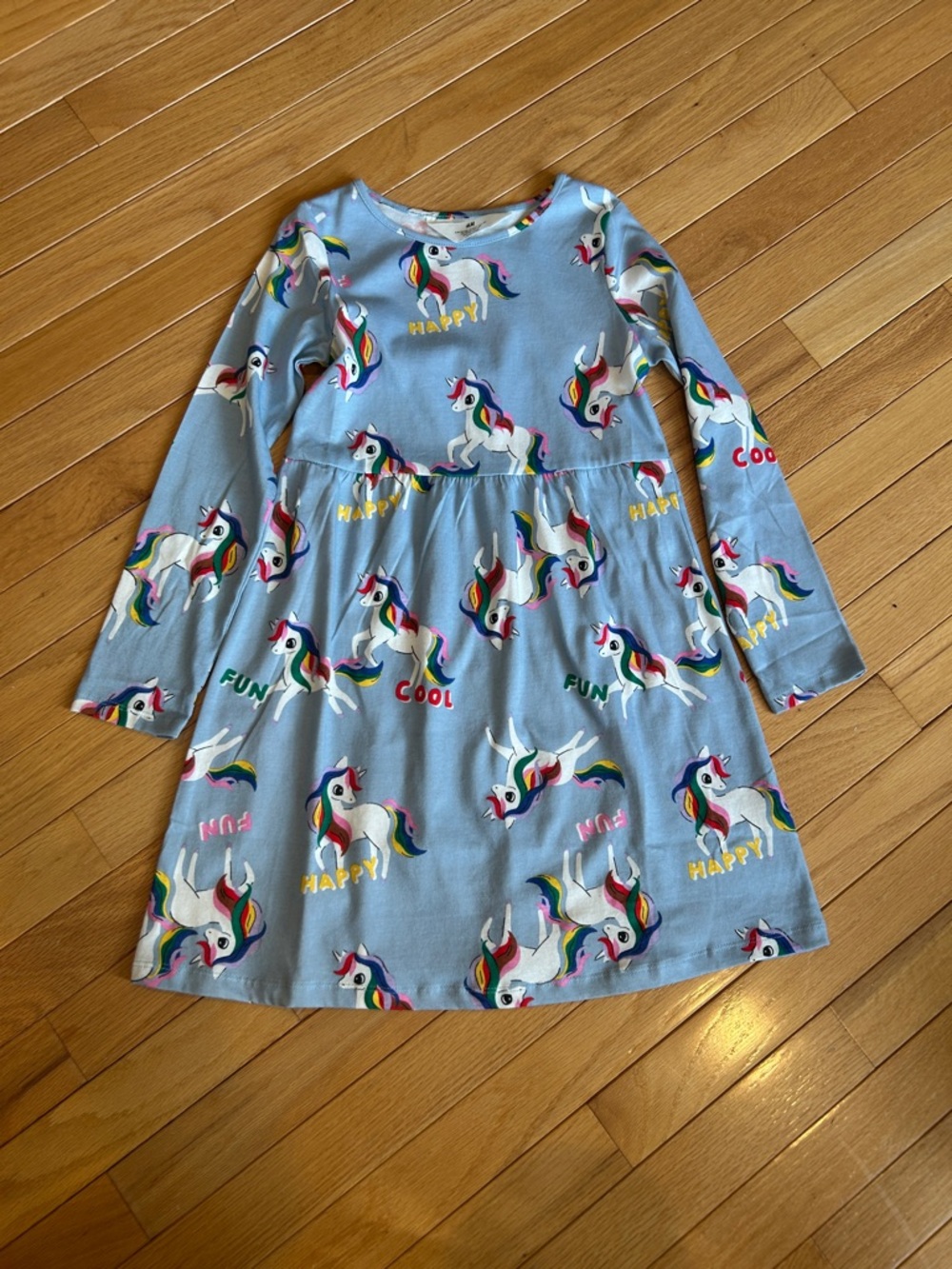 H&M Light Blue Unicorn Print Long-Sleeve Dress